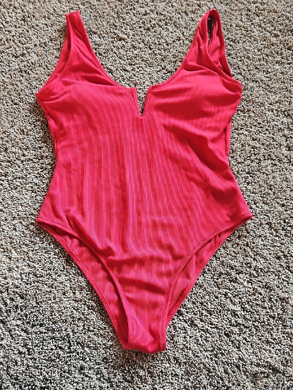 Ribbed Deep V One-Piece Swimsuit in Red
